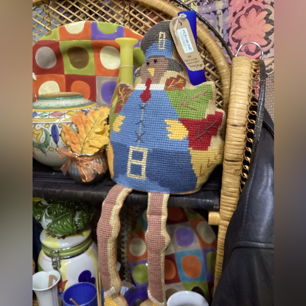 SOLD! Vintage Handmade Needlepoint Turkey Decor